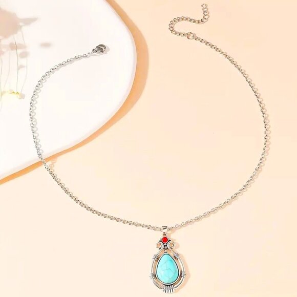 Turquoise Necklace & Earring 3pc Set Silver Glam Trendy Y2K Hipi Boho Minimalist - Picture 3 of 5